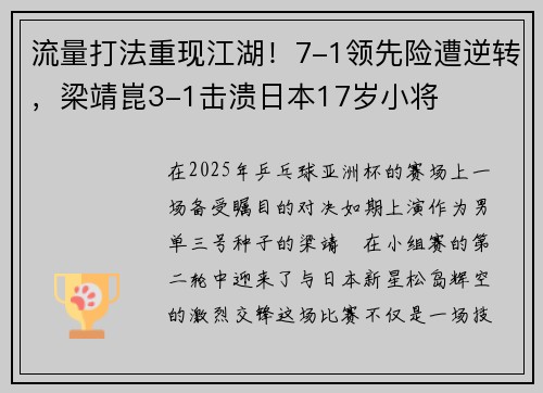 流量打法重现江湖！7-1领先险遭逆转，梁靖崑3-1击溃日本17岁小将