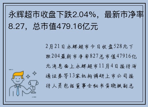 永辉超市收盘下跌2.04%，最新市净率8.27，总市值479.16亿元