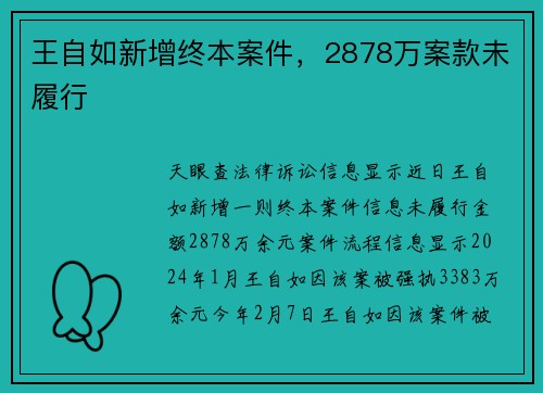 王自如新增终本案件，2878万案款未履行