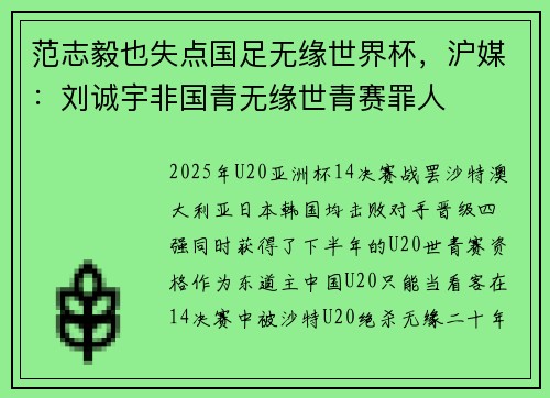 范志毅也失点国足无缘世界杯，沪媒：刘诚宇非国青无缘世青赛罪人