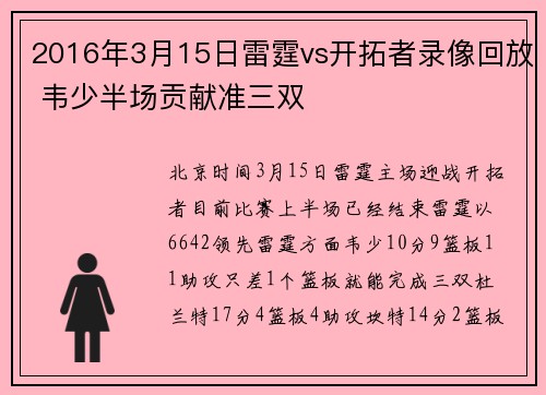 2016年3月15日雷霆vs开拓者录像回放 韦少半场贡献准三双