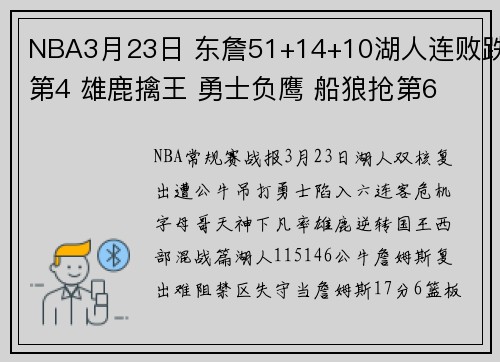 NBA3月23日 东詹51+14+10湖人连败跌第4 雄鹿擒王 勇士负鹰 船狼抢第6