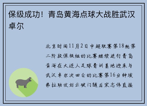 保级成功！青岛黄海点球大战胜武汉卓尔