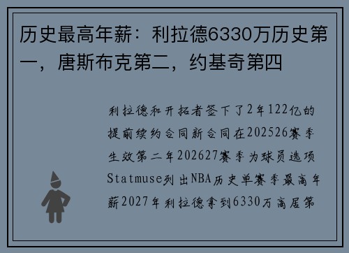 历史最高年薪：利拉德6330万历史第一，唐斯布克第二，约基奇第四